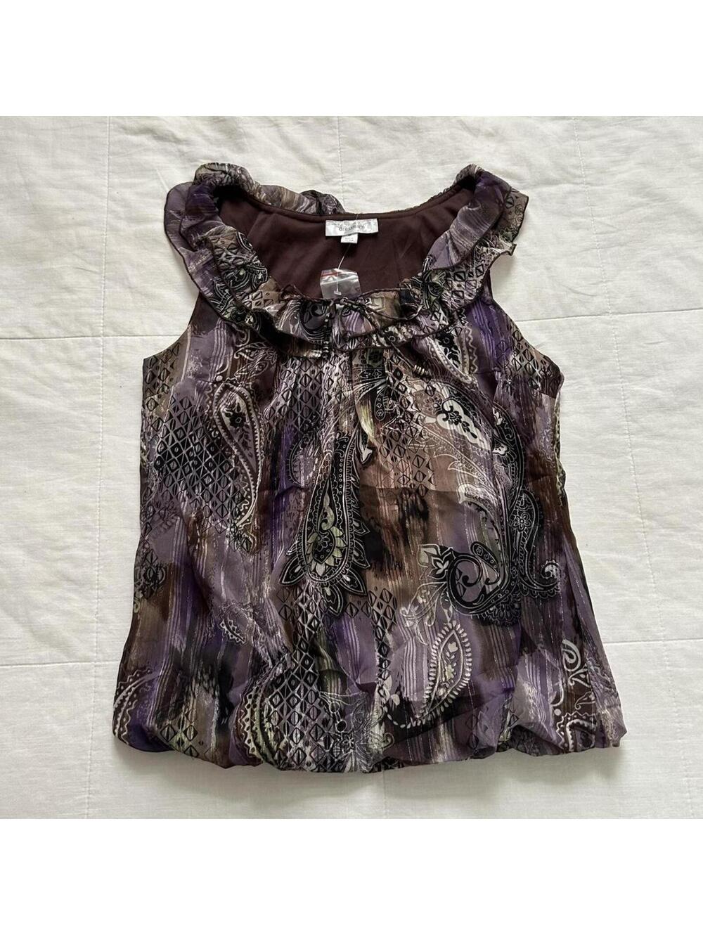 Y2K NWOT Purple Brown Paisley Bubble Hem Beaded Blouse Size L